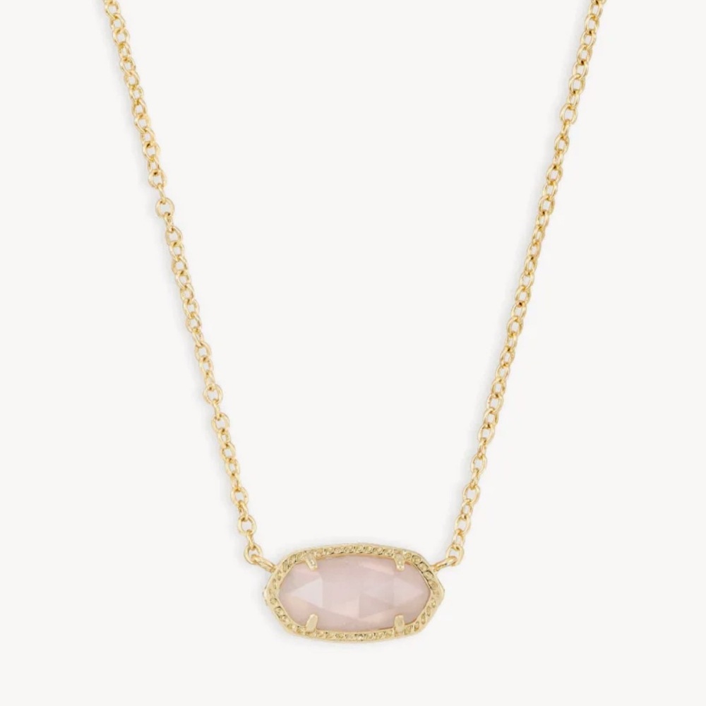 Kendra Scott Elisa Gold Pendant Necklace in Rose Quartz with matching earrings